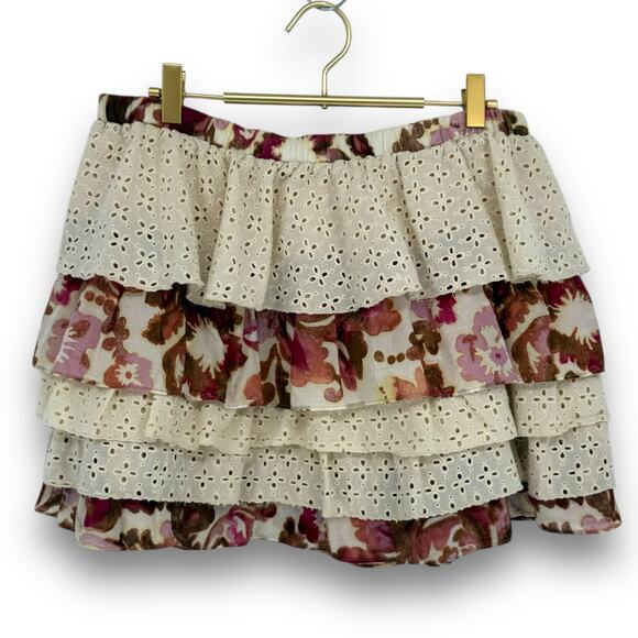 Voyage Mediterranee Bohemian Ruffle Tiered Mini Skirt, Size M Coquette Eyelet - Picture 1 of 7